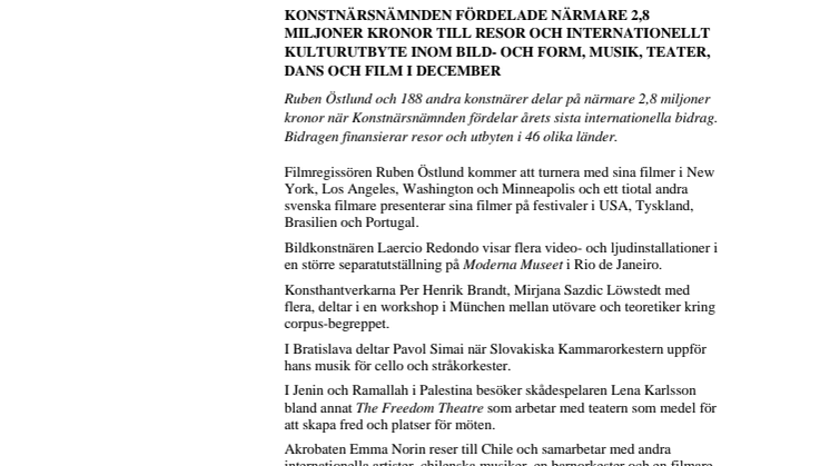 Konstnärsnämnden fördelade närmare 2,8 miljoner kronor till resor och internationellt kulturutbyte inom bild- och form, musik, teater, dans och film i december