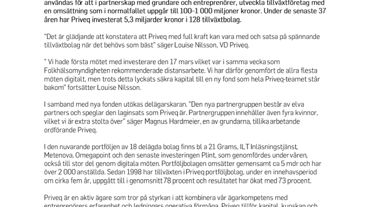 Priveq säkrar ny fond för investeringar i entreprenörsledda tillväxtföretag