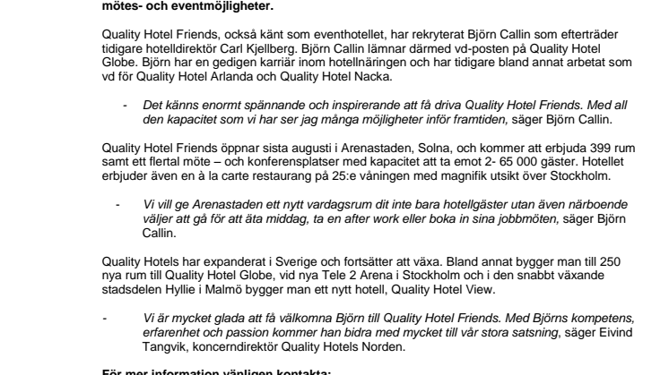 Quality Hotel Friends tillsätter ny hotelldirektör