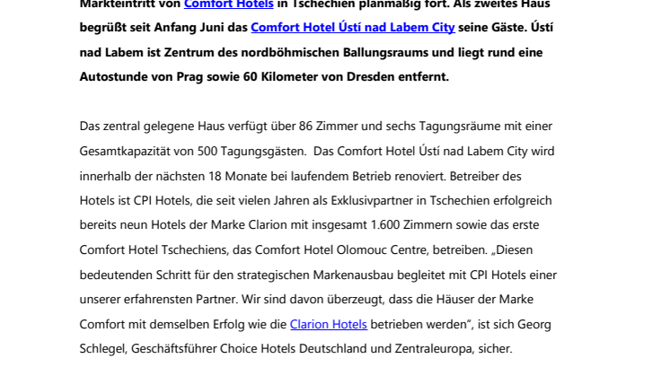 Choice Hotels eröffnet zweites Comfort Hotel in Tschechien 
