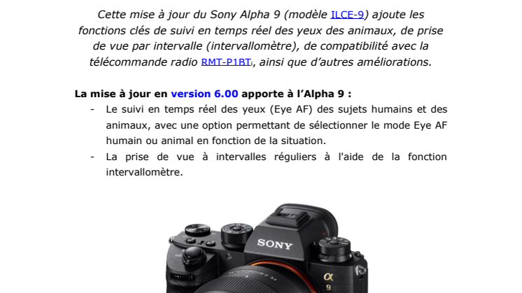 Sony met à disposition une nouvelle mise à jour du firmware du boîtier hybride plein format Professionnel Alpha 9