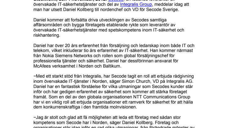 Secode utser Daniel Kollberg som ny nordenchef och VD i Sverige 