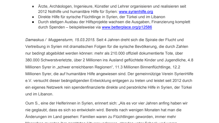Vier Jahre Flucht und Vertreibung: Syrienhilfe e.V. steht mit eigenem Netzwerk den Menschen in Syrien bei