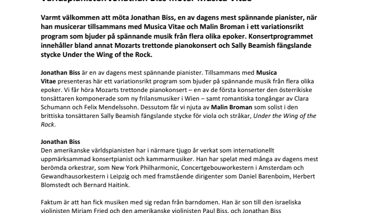 Världspianisten Jonathan Biss möter Musica Vitae