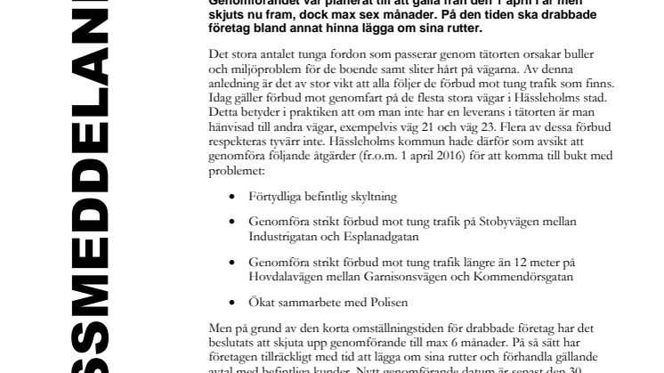 Planerat förbud mot tung trafik skjuts fram