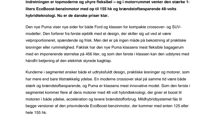 Klassens innovative hybrid – ny Ford Puma klar med danske priser