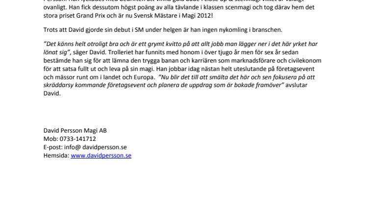 David Persson - Svensk Mästare i Magi 2012