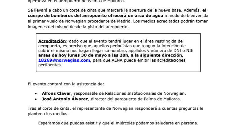  Descarga convocatoria: aeropuerto de Palma de Mallorca (miércoles 1 de junio, 10.20 de la mañana).