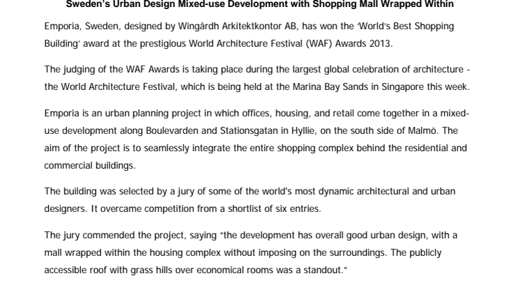 Emporia wins World’s Best Shopping Building at World Architecture Festival Awards 2013