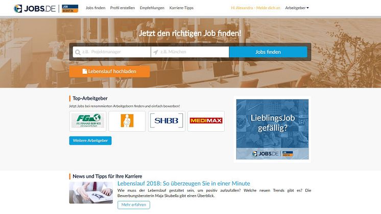 Screeenshot der aktuellen Jobs.de Startseite nach dem Re-Launch Februar 2018