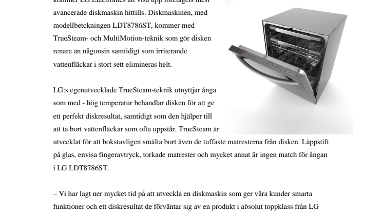 LG LANSERAR TOPPMODERN DISKMASKIN FULLMATAD MED SMARTA FUNKTIONER FÖR ETT PERFEKT DISKRESULTAT