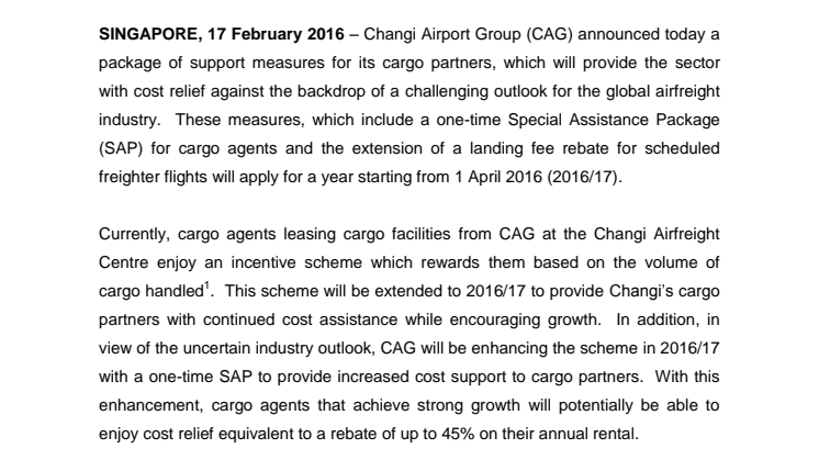 Changi Airport Group rolls out support measures  for cargo partners as industry conditions remain weak