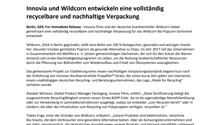 Innovia und Wildcorn entwickeln eine vollständig recycelbare und nachhaltige Verpackung   