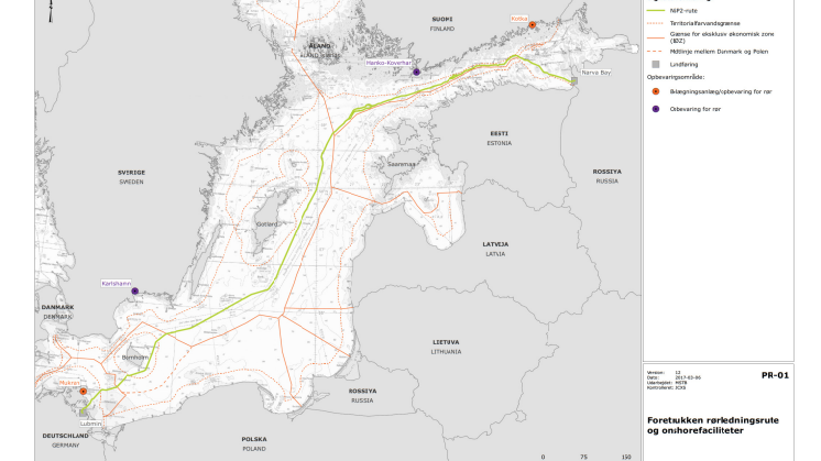Kort over Nord Stream 2 linjeføring - hele ruten