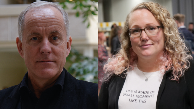 Camilla Askebäck Diaz, lärare på Södermalmsskolan i Stockholm och Guldäpplepristagare 2019 och Åke Grönlund, professor Örebro universitet och medlem i Guldäpplets jury.