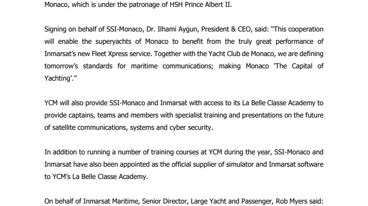 Inmarsat and SSI-Monaco announce alliance with Yacht Club de Monaco