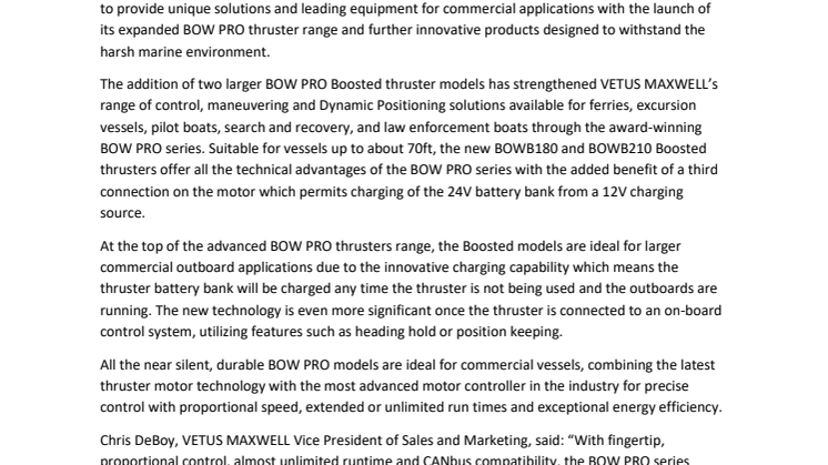 VETUS MAXWELL Strengthens Commercial Marine Business with Expanded Range of BOW PRO Thrusters and Durable Equipment