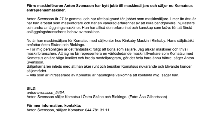 Anton Svensson ny säljare av Komatsu