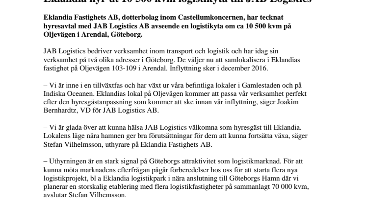 Eklandia hyr ut 10 500 kvm logistikyta till JAB Logistics