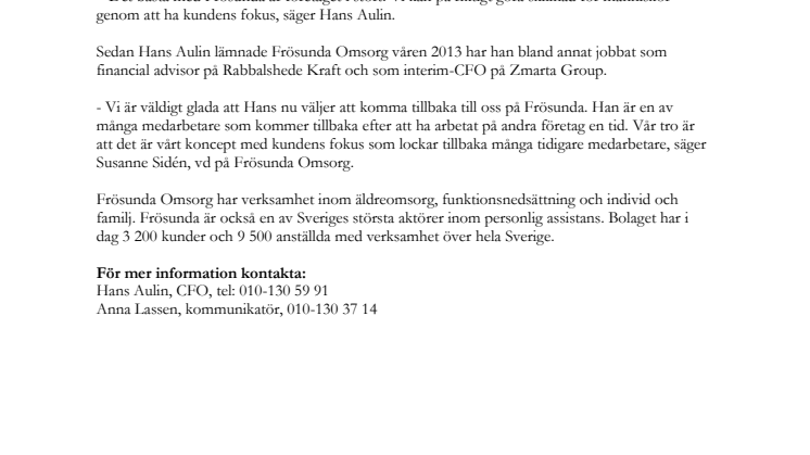 Hans Aulin ny CFO på Frösunda Omsorg AB