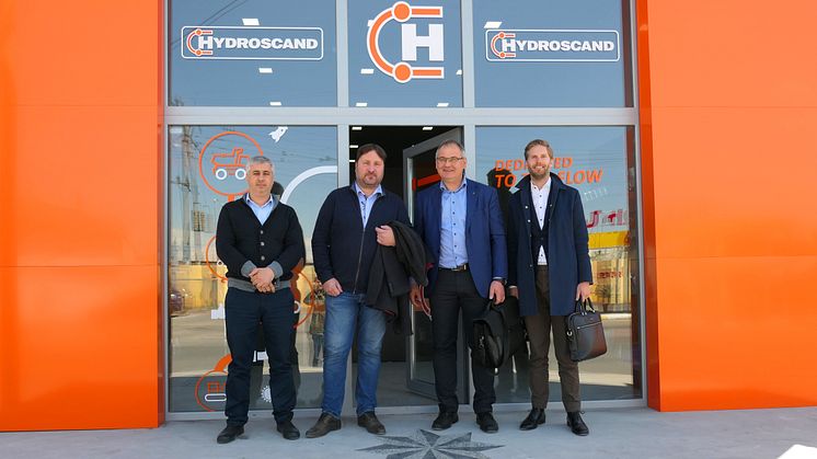 Fr.v. Roin Gigiberia (VD Hydroscand Georgien), Arne Kukin (VD Hydroscand Armenien), Kalle Solba, (global etableringschef på Hydroscand Group) och Patrik Tidebrant (Chief Business Development Officer på Hydroscand Group)