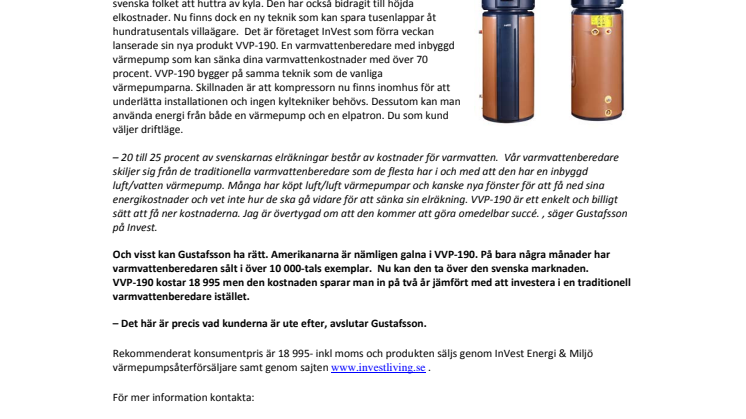 Spara tusenlappar – genom att byta varmvattenberedaren mot InVest VVP-190.