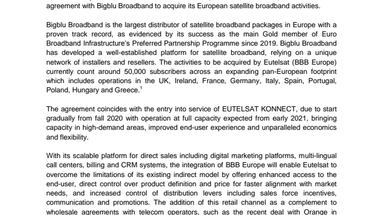 Eutelsat to acquire European satellite broadband activities of Bigblu Broadband 