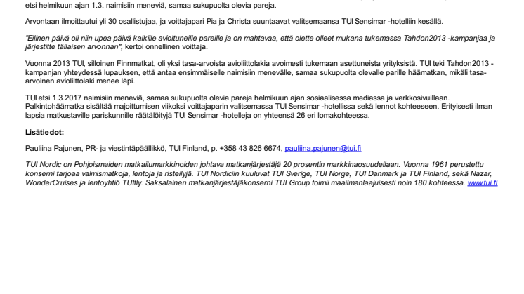 TUIn Rakkaudella ei ole rajoja -kampanjan voittajapari lähtee häämatkalle kesällä