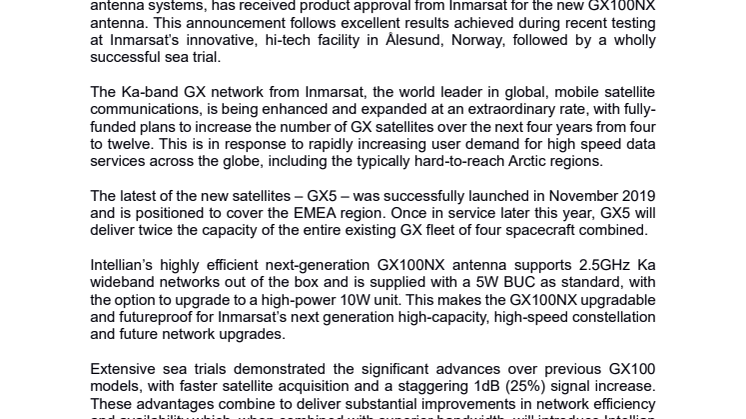 Intellian’s GX100NX Fleet Xpress terminal gains Inmarsat Product Approval