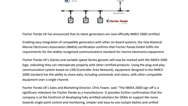 Fischer Panda UK Announces NMEA 2000 Certification