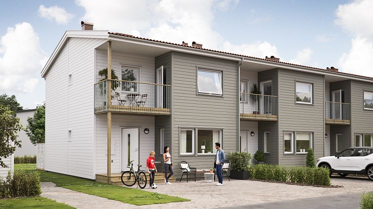 Illustration av entrésida med uppfart & balkong, BoKlok Nejilkan i Skarplöt, Haninge. 