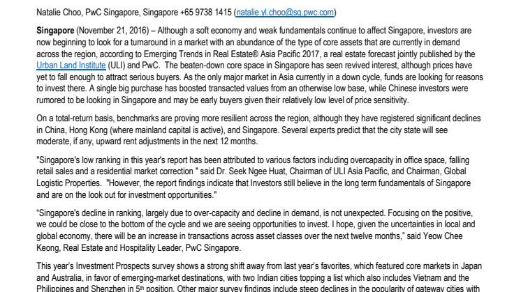 Singapore downturn continues, but investors begin to look for deals says  Emerging Trends in Real Estate® Asia Pacific 2017