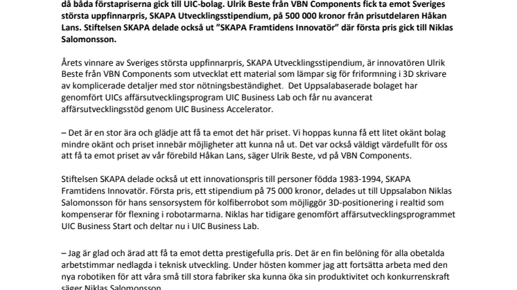 Två UIC-bolag på prispallarna när Sveriges största uppfinnarpriser delades ut