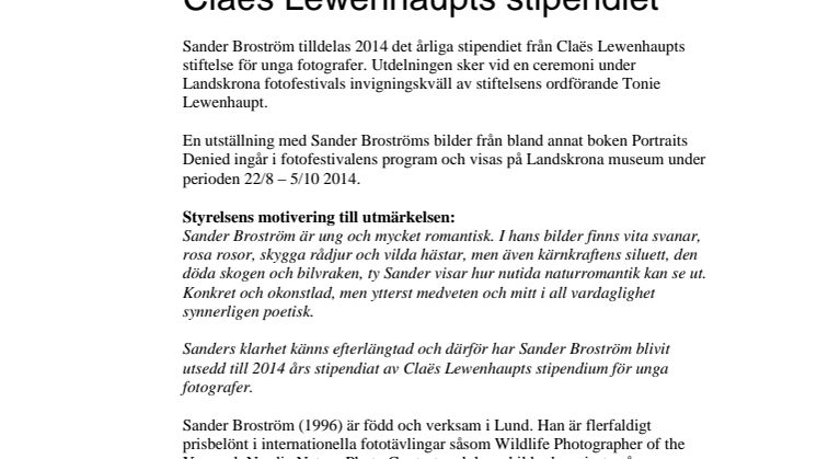 Sander Broström tilldelas Claës Lewenhaupts stipendiet 
