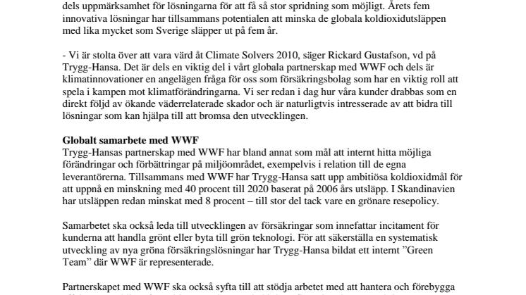 WWF:s klimatentreprenörer 2010 presenteras i samarbete med Trygg-Hansa