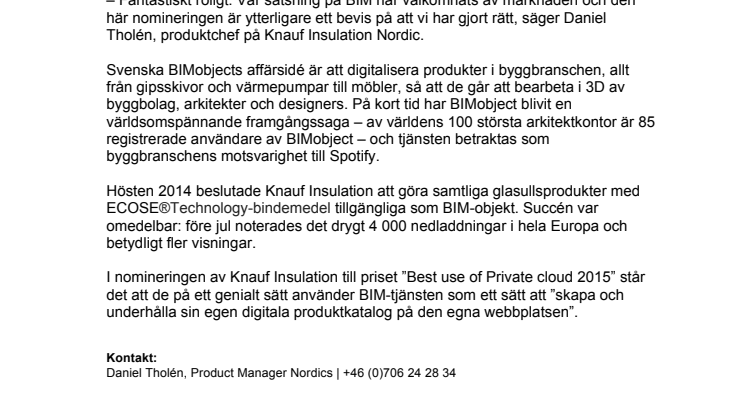 Knauf Insulation nominerad i BIMobject Awards