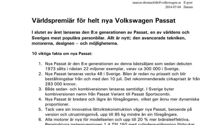 Världspremiär för helt nya Volkswagen Passat