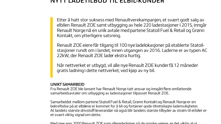 UNIK AVTALE MELLOM STATOIL RETAIL & FUEL, RENAULT OG GRØNN KONTAKT