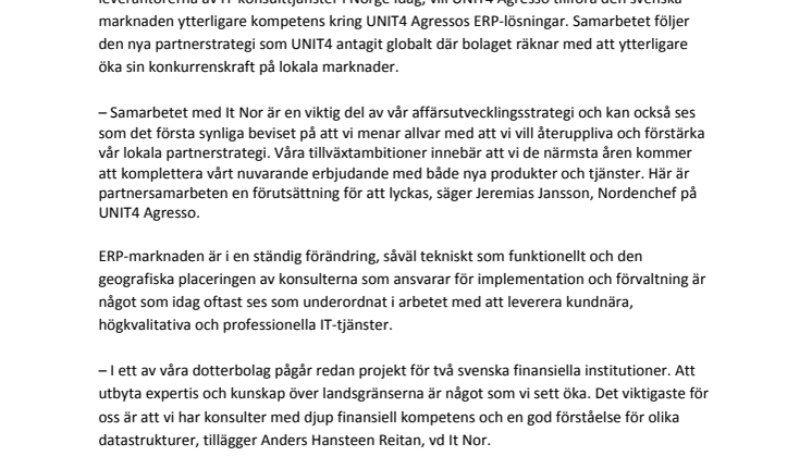 UNIT4 Agresso och It Nor utökar samarbetet i Norden