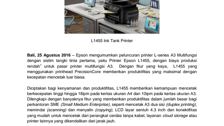 Epson Meluncurkan Printer Tangki Tinta Multifungsi A3 Pertama dengan Produktifitas Tinggi serta Biaya Cetak Rendah