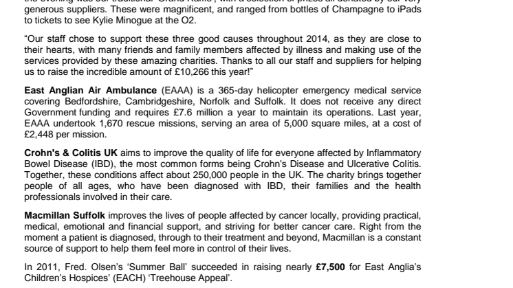 Fred. Olsen staff raise over £10,000 for local charities, East Anglian Air Ambulance, Crohn’s & Colitis UK and Macmillan Suffolk