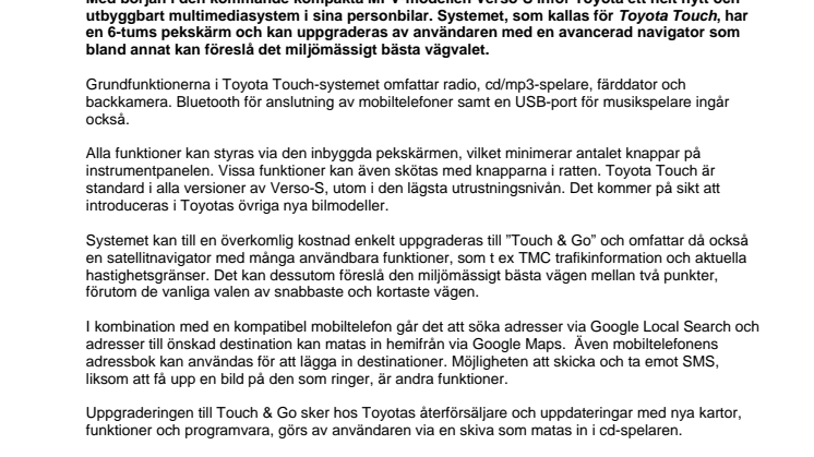 Nytt smart multimediasystem får premiär i Toyota Verso-S
