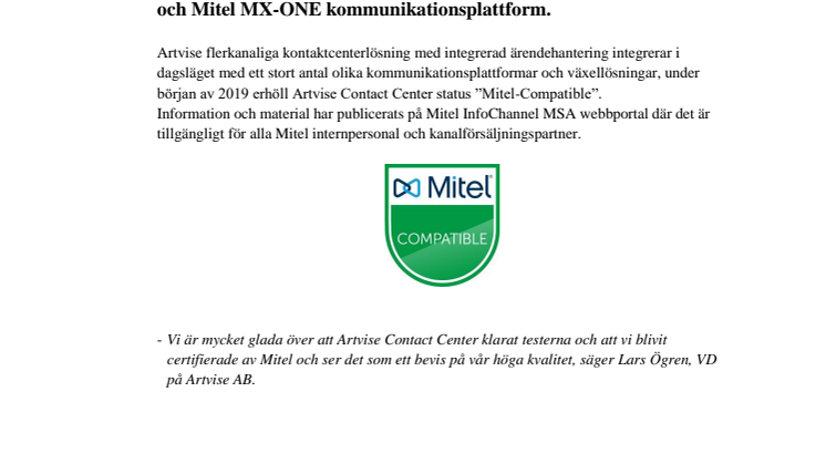 Artvise Contact Center certifierad av Mitel!