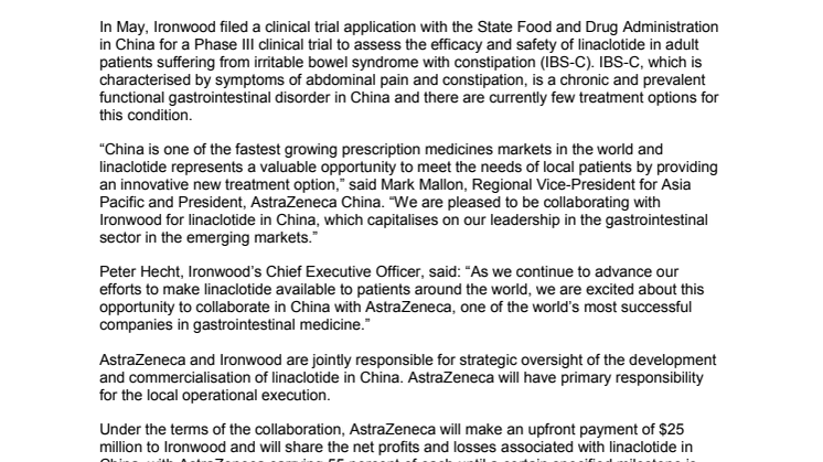 AstraZeneca och Ironwood inleder samarbete om linaklotid i Kina