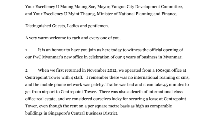 Welcome address by Yeoh Oon Jin for PwC Myanmar opening