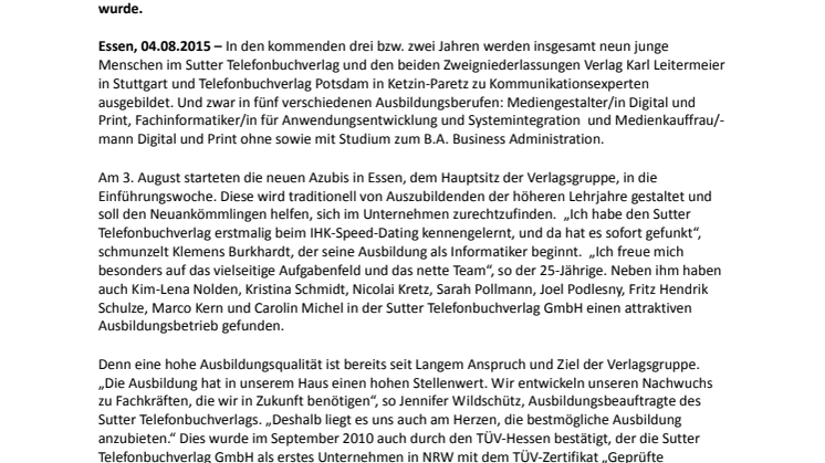 Die Sutter Telefonbuchverlag GmbH heißt neue Auszubildende willkommen