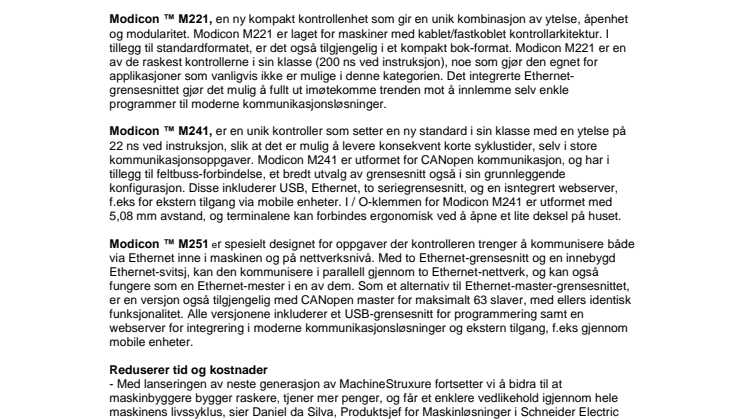 Schneider Electric introduserer Modicon M221, M241 og M251 -  kompakte kontrollere for maskinautomasjon 