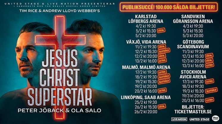 Publiksuccé för Jesus Christ Superstar med Peter Jöback och Ola Salo – över 100 000 sålda biljetter! Nu utökas arenaturnén ytterligare.
