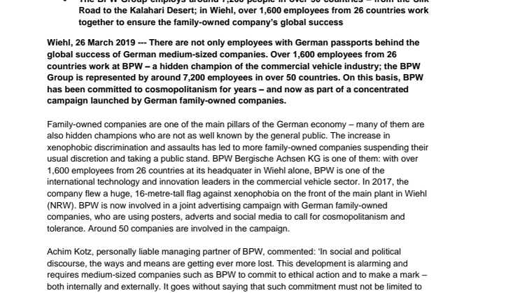 BPW supports a joint initiative from German family-owned companies focusing on tolerance and cosmopolitanism