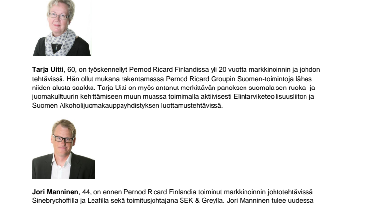 Pernod Ricard Finlandin vetovastuu Tarja Uitilta Jori Manniselle 